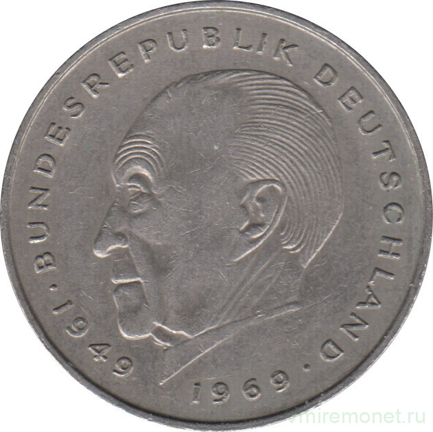Монета. ФРГ. 2 марки 1980 год. Конрад Аденауэр. Монетный двор - Карлсруэ (G).