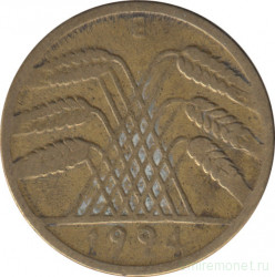 Монета. Германия. Веймарская республика. 10 рентенпфеннигов 1924 год. Монетный двор - Мюлденхаузен (Е).