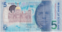 Банкнота. Великобритания. Шотландия. 5 фунтов 2016 год. Сэр Вальтер Скотт. Bank of Scotland. Тип 130