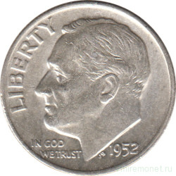Монета. США. 10 центов 1952 год. Серебряный дайм Рузвельта. Монетный двор S.