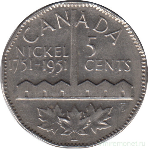 Монета. Канада. 5 центов 1951 год. 200 лет с момента открытия никеля.