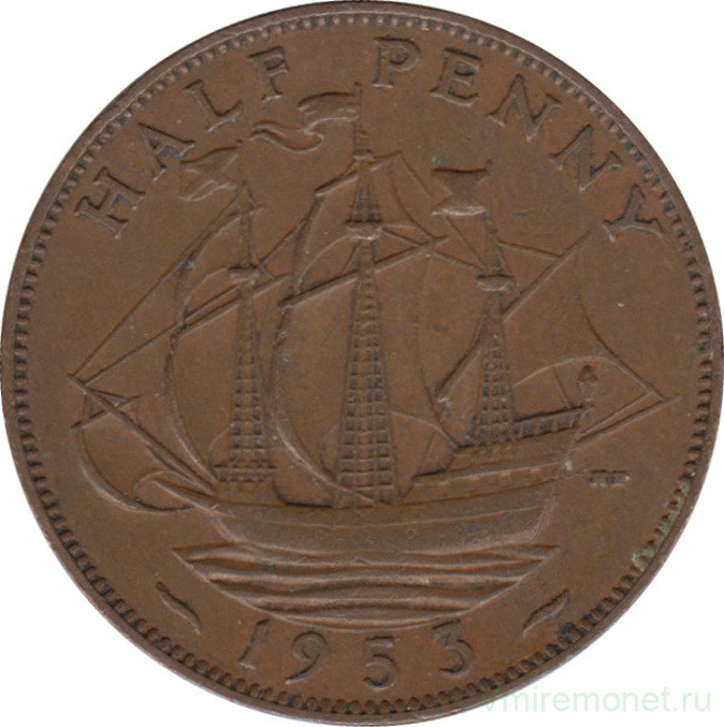 Монета. Великобритания. 1/2 пенни 1953 год.
