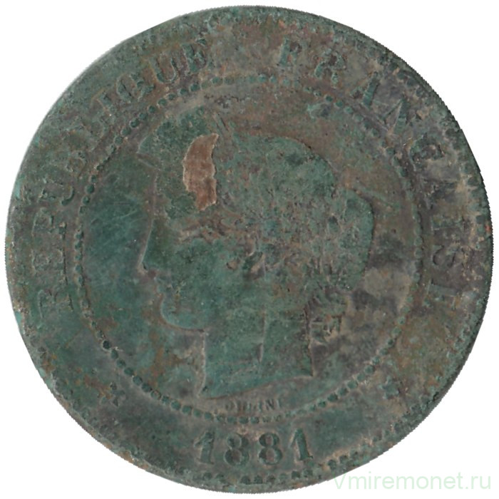 Монета. Франция. 5 сантимов 1881 год. А. 