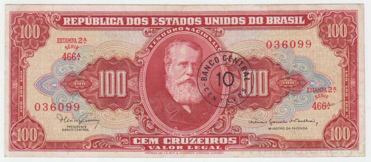 Банкнота. Бразилия. 100 крузейро 1966 год. Тип 185a.