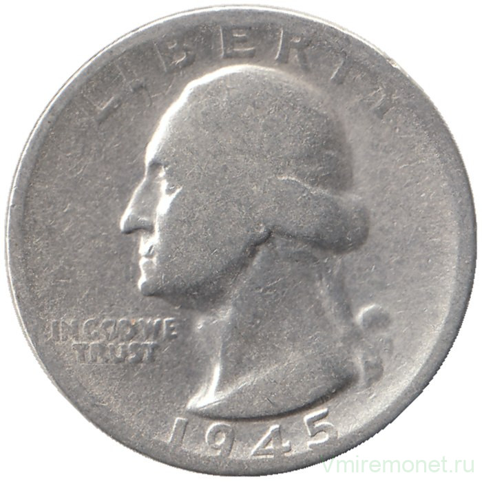 Монета. США. 25 центов 1945 год. Монетный двор S.
