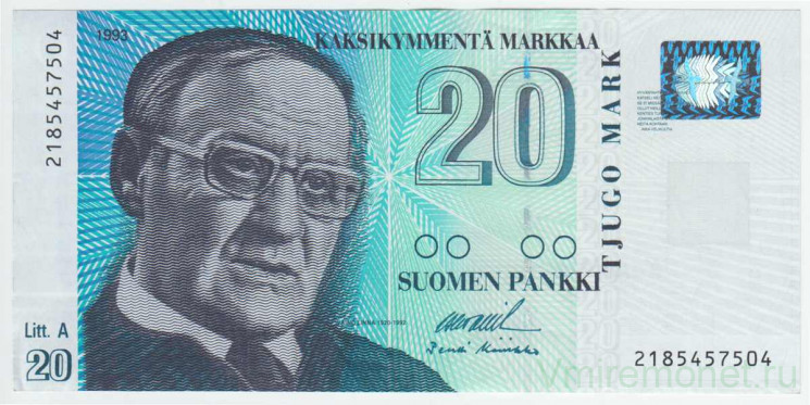 Банкнота. Финляндия. 20 марок 1993 год. Лит А. Тип 123 (3).