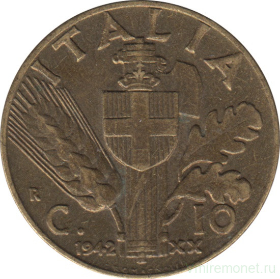 Монета. Италия. 10 чентезимо 1942 год.
