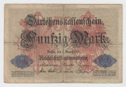 Банкнота. Кредитный билет. Германия. Германская империя (1871-1918). 50 марок 1914 год. (номер 6 цифр).