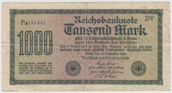 Банкнота. Германия. Веймарская республика. 1000 марок 1922 год. Водяной знак - четырёхлистник. Серийный номер - две буквы, шесть цифр (фиолетовые  мелкие), две буквы.
