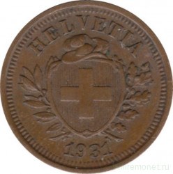 Монета. Швейцария. 1 раппен 1931 год.