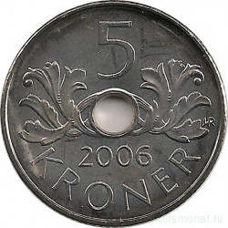 Монета. Норвегия. 5 крон 2006 год.