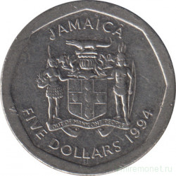 Монета. Ямайка. 5 долларов 1994 год.