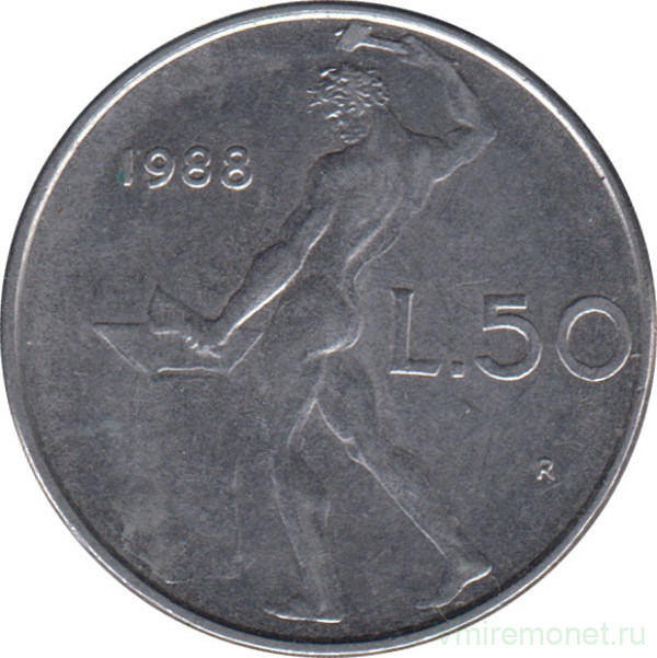 Монета. Италия. 50 лир 1988 год.