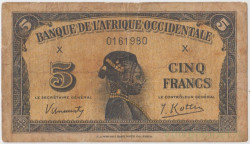 Банкнота. Французская Западная Африка. 5 франков 1942 год. Тип 28а (1).