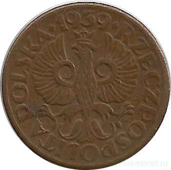 Монета. Польша. 1 грош 1939 год.