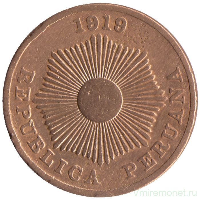 Монета. Перу. 2 сентаво 1919 год.