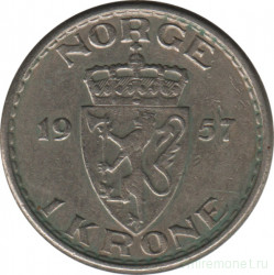 Монета. Норвегия. 1 крона 1957 год.