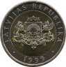 Аверс. Монета. Латвия. 2 лата 1999 год. Корова.