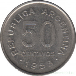 Монета. Аргентина. 50 сентаво 1953 год.