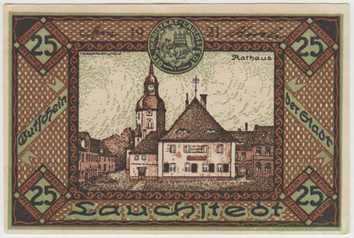 Бона. Нотгельд. Германия. Город Лаухштедт. 25 пфеннигов 1921 год.