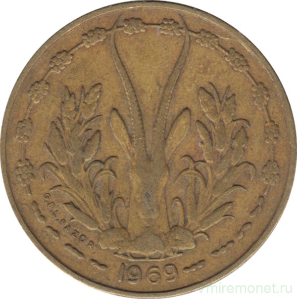 Монета. Западноафриканский экономический и валютный союз (ВСЕАО). 10 франков 1969 год.