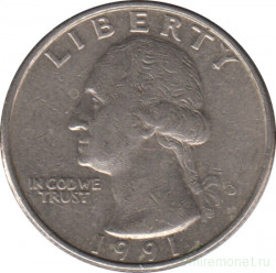 Монета. США. 25 центов 1991 год. Монетный двор D.