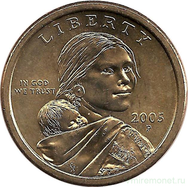Монета. США. 1 доллар 2005 год. Сакагавея, парящий орел. Монетный двор P.