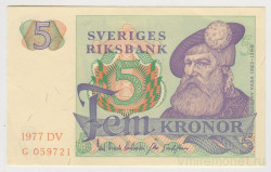 Банкнота. Швеция. 5 крон 1977 год.