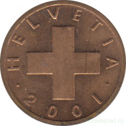 Монета. Швейцария. 1 раппен 2001 год.