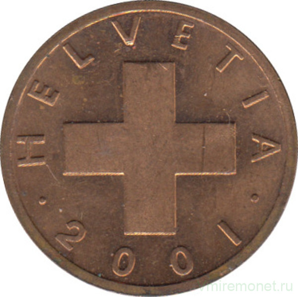 Монета. Швейцария. 1 раппен 2001 год.