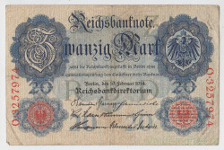 Банкнота. Германия. Германская империя (1871-1918). 20 марок 1914 год. Номер серии (семь цифр и одна буква) - красный цвет.