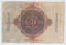 Банкнота. Германия. Германская империя (1871-1918). 20 марок 1914 год. Номер серии (семь цифр и одна буква) - красный цвет. рев.