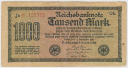 Банкнота. Германия. Веймарская республика. 1000 марок 1922 год. Жёлтая бумага. Водяной знак - шипы. Серийный номер - две буквы, звёздочка, шесть цифр (красные,крупные), две буквы.