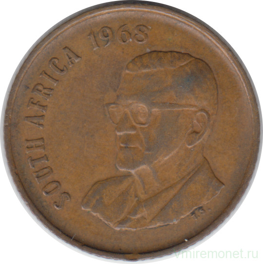 Монета. Южно-Африканская республика (ЮАР). 2 цента 1968 год. Окончание президентства Чарльза Сварта. Аверс - "SOUTH AFRICA".