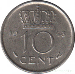 Монета. Нидерланды. 10 центов 1948 год.