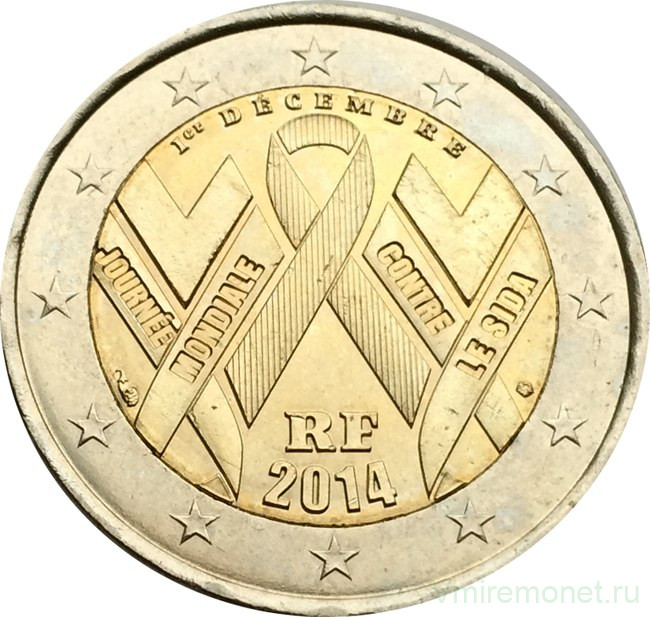 Монета. Франция. 2 евро 2014 год. Международный день борьбы со СПИДом.