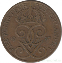 Монета. Швеция. 5 эре 1937 год.