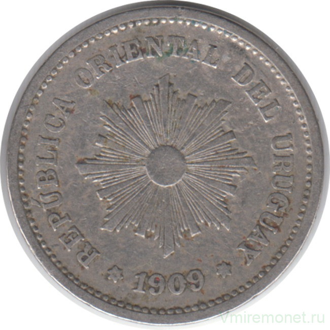 Монета. Уругвай. 5 сентесимо 1909 год.