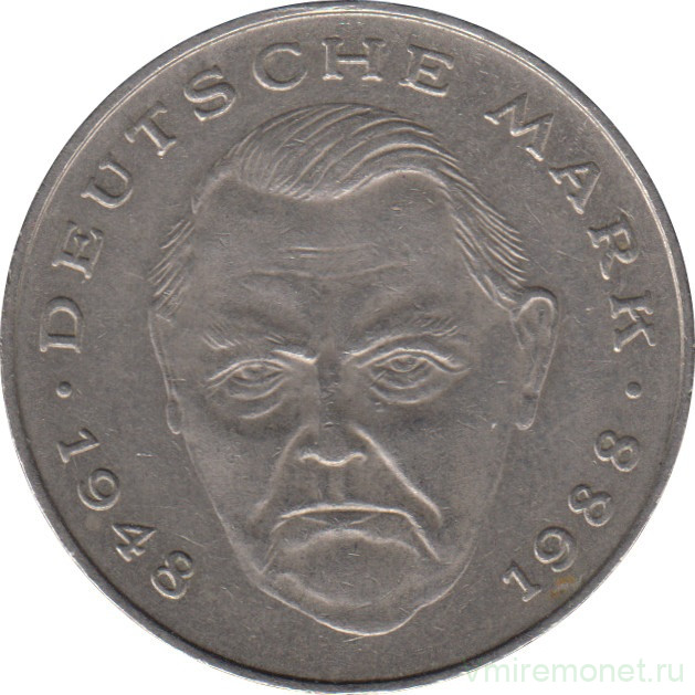 Монета. ФРГ. 2 марки 1988 год. Людвиг Эрхард. Монетный двор - Штутгарт (F).