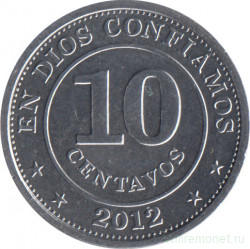 Монета. Никарагуа. 10 сентаво 2012 год.