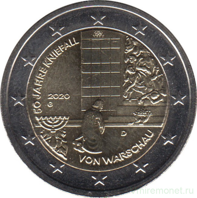 Монета. Германия. 2 евро 2020 год. 50 лет коленопреклонению в Варшаве (G).