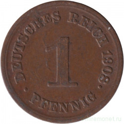 Монета. Германская империя. 1 пфенниг 1908 год. (E).