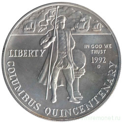 Монета. США. 1 доллар 1992 год (D). 500 лет путешествию Колумба.