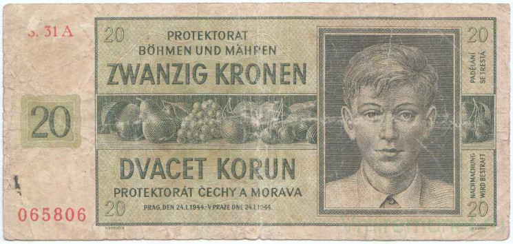 Банкнота. Протекторат Богемия и Моравия. 20 крон 1944 год. Тип 9а (2). 