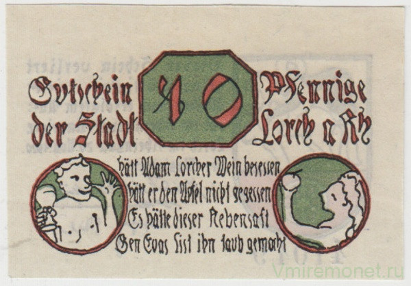 Бона. Нотгельд. Германия. Город Лорх. 10 пфеннигов 1920 год. Вариант 815.1.1.