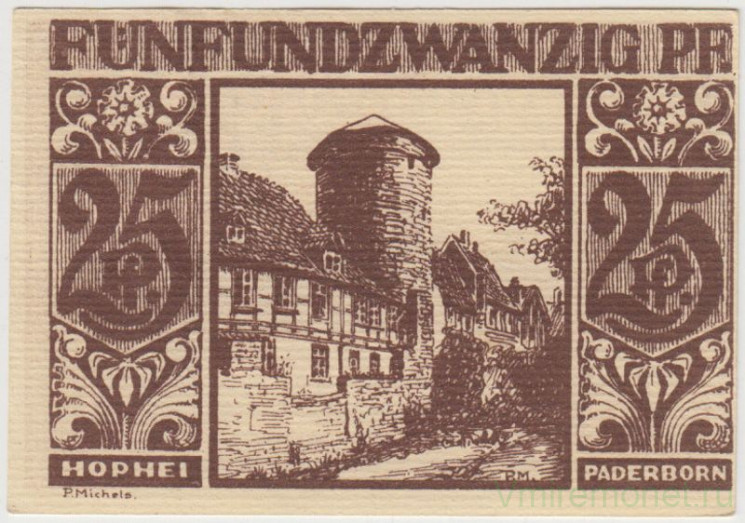 Бона. Нотгельд. Германия. Город Падерборн. 25 пфеннигов 1921 год. Вариант 1043.5.1.1.
