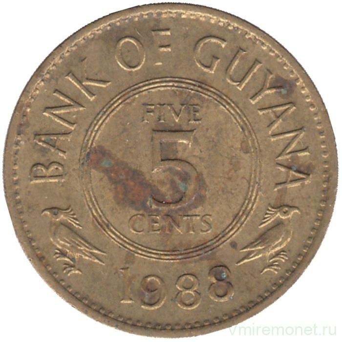 Монета. Гайана. 5 центов 1988 год.  