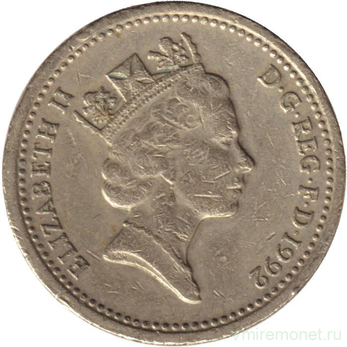 Монета. Великобритания. 1 фунт 1992 год.