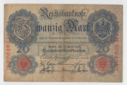 Банкнота. Германия. Германская империя (1871-1918). 20 марок 1910 год. Номер серии (семь цифр и одна буква) - красный цвет.