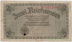 Банкнота. Германия. Третий рейх. Немецкие оккупационные деньги. 2 рейхсмарки 1940 - 1945 годы. Тип R137b.
